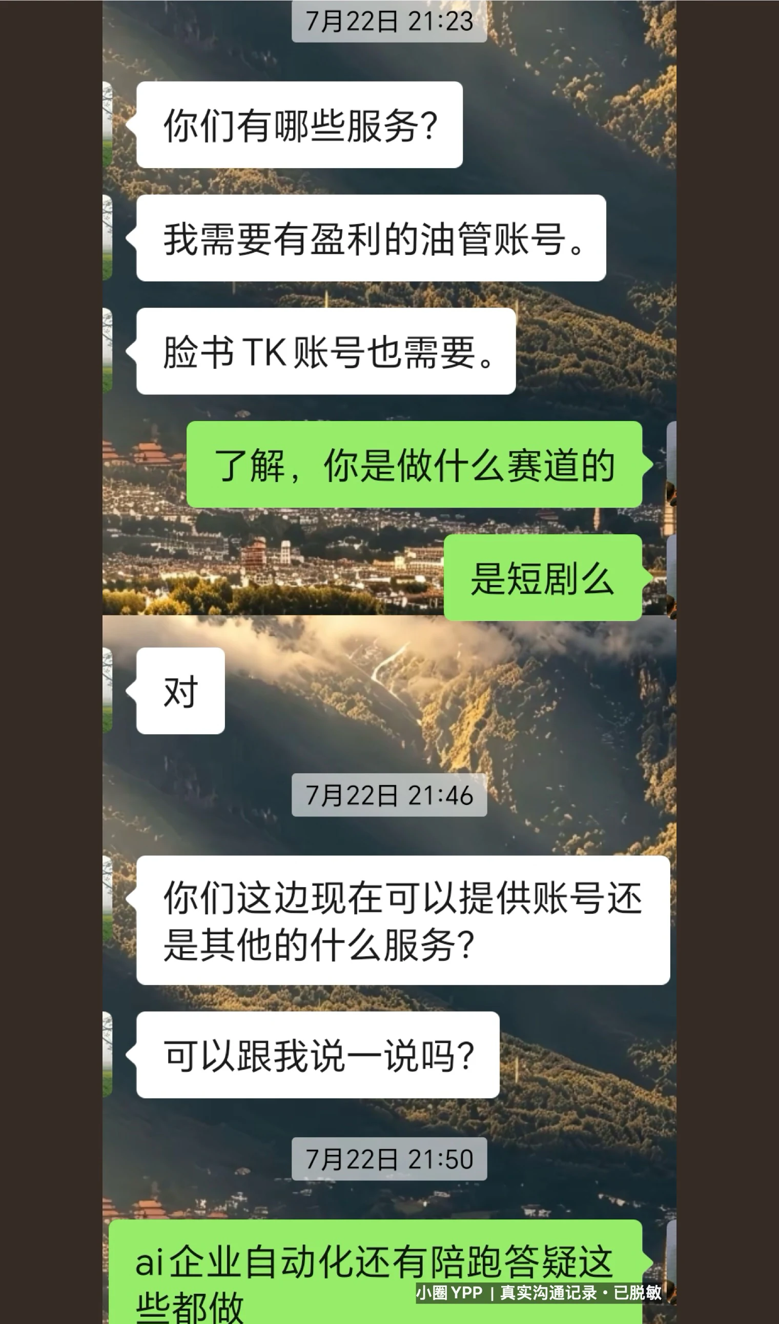 客户询问 YPP 及海外社媒账号服务的脱敏聊天记录