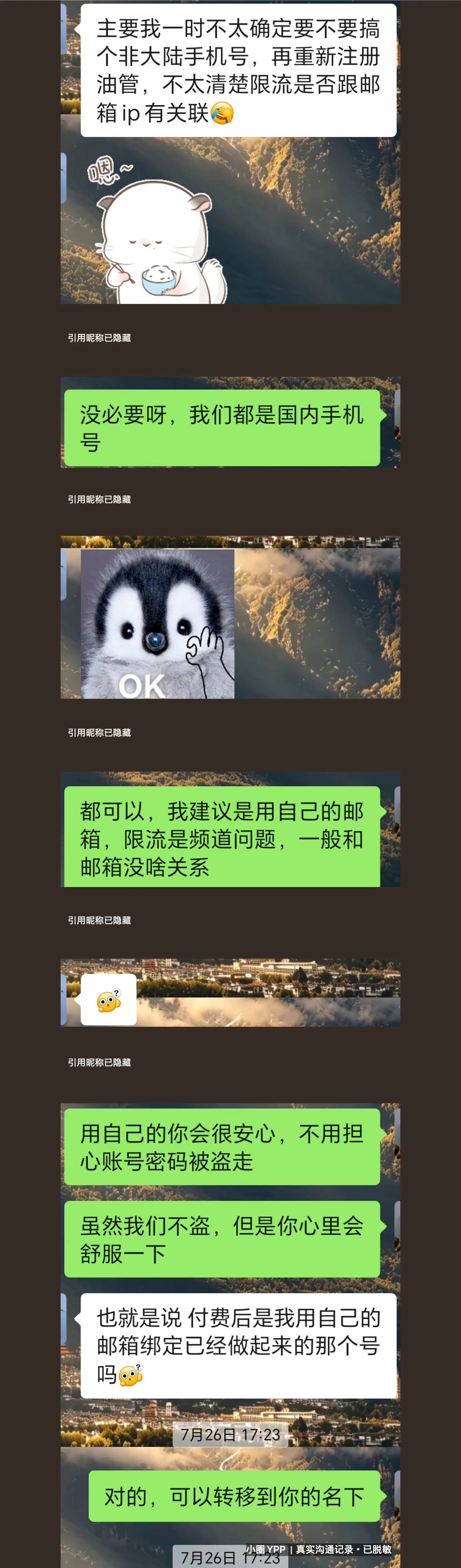 客户逐项询问手机邮箱 IP 与账号转移的脱敏聊天记录