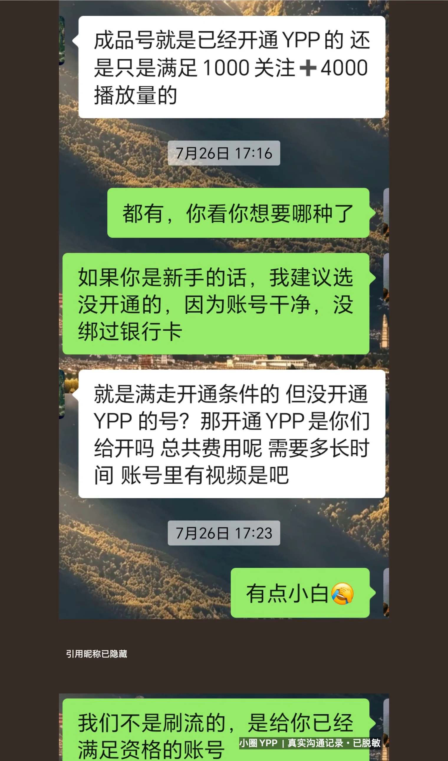客户比较账号类型和 YPP 状态的脱敏聊天记录
